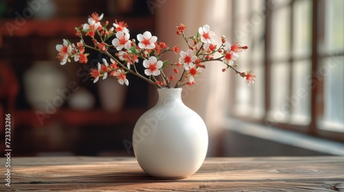  a white vase with red and white flowers in it on a wooden table in front of a window with a view of a wood floor and a wooden table in the background.