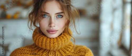  a close up of a woman with blue eyes wearing a yellow sweater and a knitted cowl around her neck, looking at the camera with a serious look on her face.