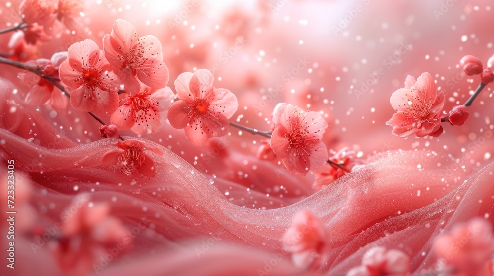 a close up of a flower on a branch with drops of water on the petals and a blurry background of pink and white flowers on a soft pink background. a close up of a flower on a branch with drops of water on the petals and a blurry background of pink and white flowers on a soft pink background.