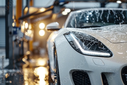 Front view of white sports car being washed by a professional detailing service using high pressure water photo