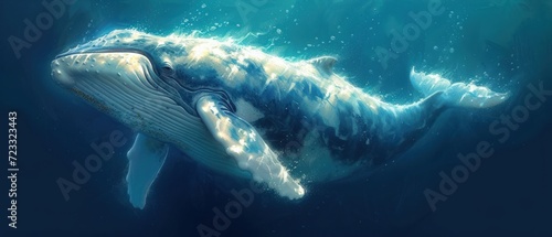  a painting of a humpback whale swimming in the ocean with its head above the water's surface, with bubbles coming out of it's mouth.