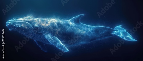  a blue whale floating in the ocean with a lot of bubbles on it's back and it's head above the water's surface in the water. © Jevjenijs