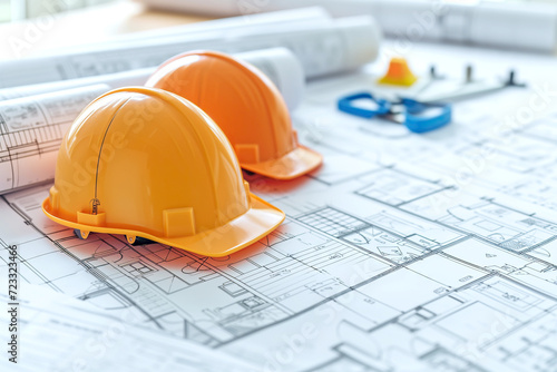 Construction Planning Concept with Yellow Safety Helmets on Architectural Blueprints