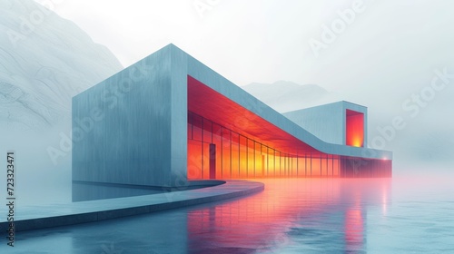  a picture of a building that looks like it has a red light coming out of the side of it and a body of water in front of water in front of it. © Jevjenijs