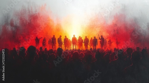  a painting of a group of people standing in front of a bright orange and red light in the middle of a crowd of people standing in front of a black and white and red smoke.
