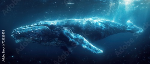  a humpback whale swims under the water's surface in a blue ocean with bubbles and bubbles on the water's surface, it's surface is blue. photo