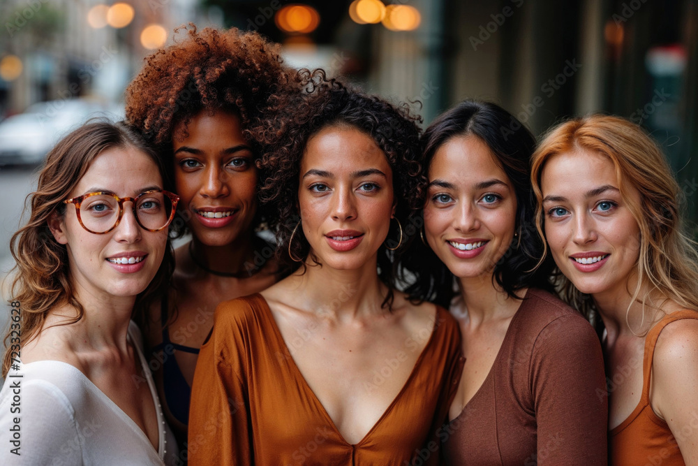 Generative AI illustration of five diverse and joyful women posing together on a city street, representing unity and friendship Generative AI illustration of five diverse and joyful women posing together on a city street, representing unity and friendship
