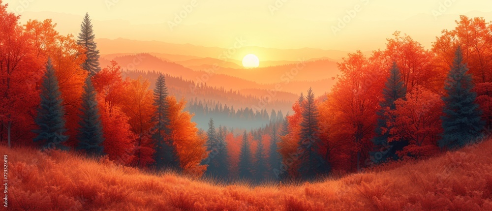 a painting of a sunset in the mountains with trees in the foreground and a field in the foreground with grass in the foreground and trees in the foreground. a painting of a sunset in the mountains with trees in the foreground and a field in the foreground with grass in the foreground and trees in the foreground.
