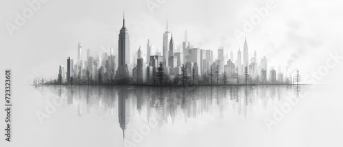  a black and white photo of a city with tall buildings and a lake in the foreground with a reflection of the city in the water on a foggy day.