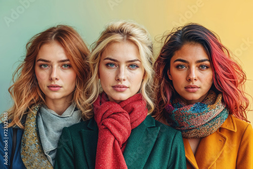 Generative AI illustration of three women with striking hair colors and textured scarves against a colorful background, exuding confidence and style photo