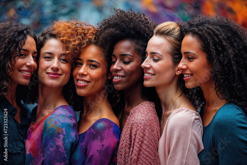 Generative AI illustration of close knit group of five multiracial smiling women with curly hair, celebrating diversity and friendship photo