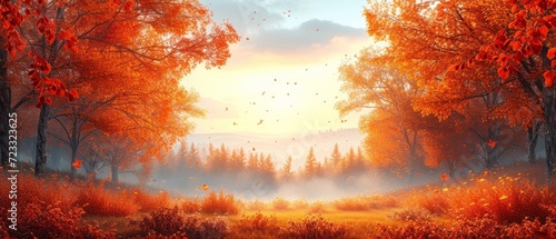  a painting of a forest filled with lots of trees and birds flying over the top of the trees and the sun shining down on the trees and the ground below.