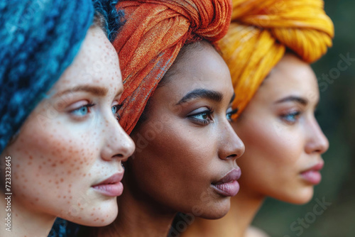 Generative AI illustration of Side view of multiethnic three women with colorful head wraps and freckles, showcasing beauty and diversity photo