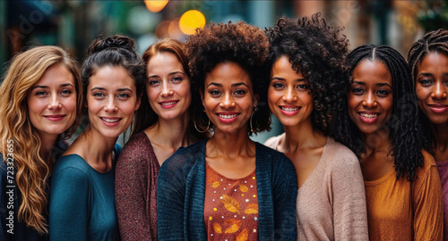 Generative AI illustration of radiant lineup of seven multiethnic women smiling, embodying friendship and multicultural beauty in an urban setting photo