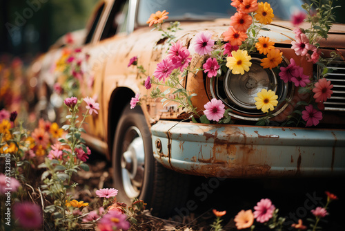 Vintage car bedecked with blossoms showcases nature's reclaim. Generative AI image