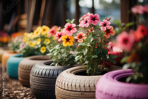 Colorful upcycled tire planters in a garden. Generative AI image