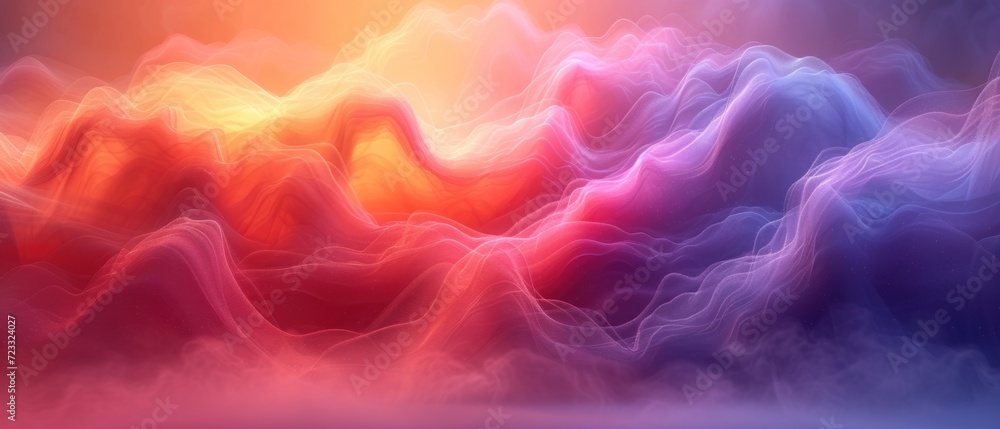  a digital painting of a mountain range with a rainbow hued sky in the background and clouds in the foreground, with a red, orange, blue, yellow, pink, and pink, and orange hued sky in the middle.