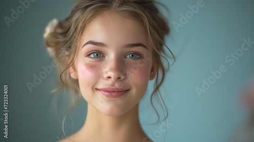 Beautiful young ballerina looking at the camera and smiling against a bright ...