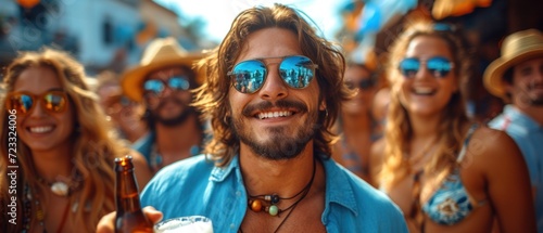  a man in a blue shirt holding a beer in front of a group of people wearing blue sunglasses and a blue shirt with a beer in his hand and a beer in his other hand.