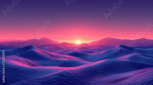  the sun is setting over the horizon of a desert landscape with mountains and sand dunes in the foreground and a pink and purple sky with stars in the background.