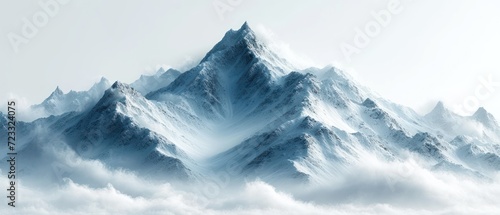  a very tall mountain covered in snow in the middle of a cloud filled sky in the middle of the picture is a full view of the top of the mountain. © Jevjenijs