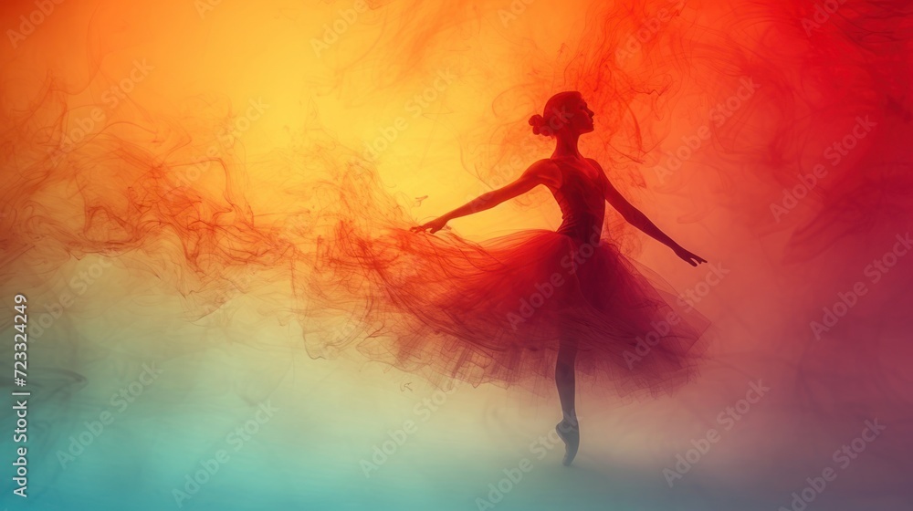  a silhouette of a woman in a dress in front of a multicolored background with smoke in the shape of a woman's head and arms and legs.