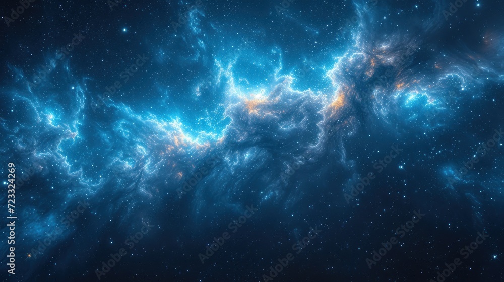  a large cluster of stars in the middle of a space filled with lots of blue and yellow stars in the center of the image is a black background is a blue sky filled with stars.