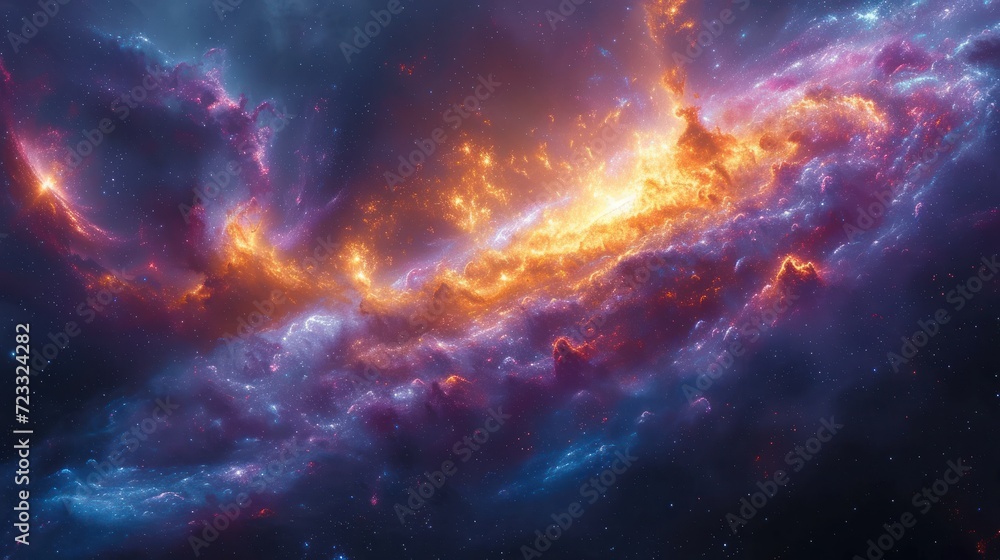  a very colorful space filled with lots of stars and a bright orange and blue object in the center of the space, with a black background of blue and purple clouds and yellow.