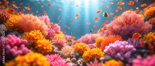  an underwater scene of a coral reef with colorful corals and corals in the foreground and a bright light coming from the top of the water in the background. © Jevjenijs