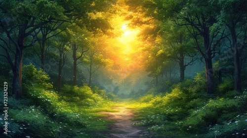  a painting of a path in the middle of a forest with a bright light coming through the trees on either side of the path is a dirt road with grass and flowers on both sides. © Jevjenijs