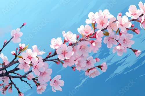 Blooming sakura  peaches and cherries on a blue background. Cherry flowers on a blue background
