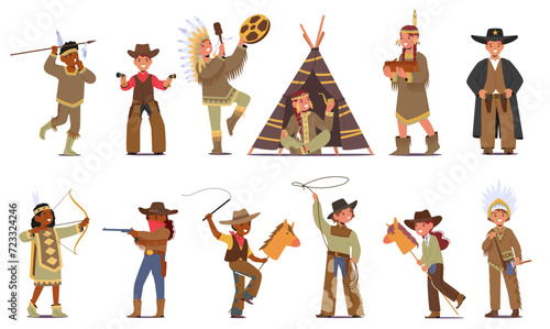 Children Characters Dressed In Cowboy And Native American Costumes Create A Lively Scene, Vector Illustration, Set