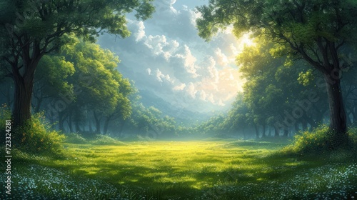  a painting of a lush green forest with a bright light coming through the trees on the far side of the picture is a grassy field with white daisies and blue flowers in the foreground.