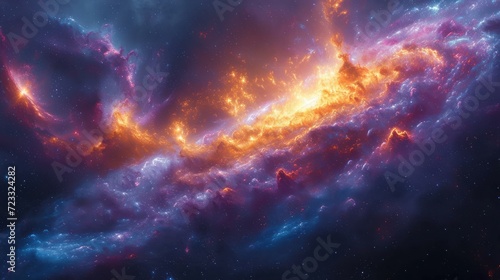  a very colorful space filled with lots of stars and a bright orange and blue object in the center of the space, with a black background of blue and purple clouds and yellow.