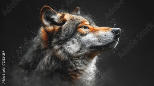  a close up of a wolf's face on a black background with a spray of water on it's face and the wolf's head is looking to the left.