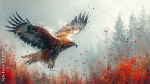  a painting of an eagle flying over a forest filled with red and orange flowers and trees with white clouds and blue sky in the background with red and orange leaves.