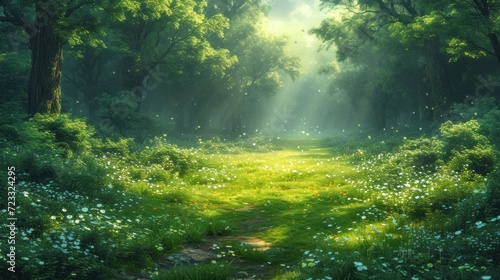  a painting of a lush green forest with a path leading to a bright light coming through the trees on the right side of the picture is a lush green field with white flowers.