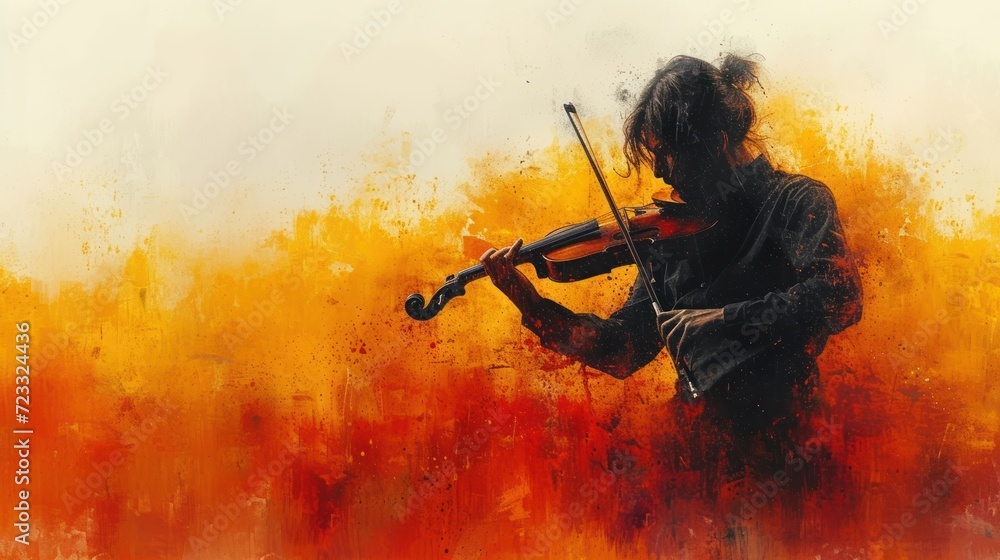  a painting of a man playing a violin in front of an orange and yellow background with a splash of paint on the side of the violin and the violin in the foreground.