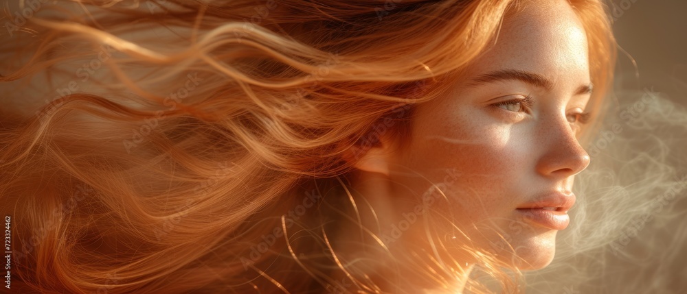  a close up of a woman's face with her hair blowing in the wind and her hair blowing in the wind behind her is a blurry image of the woman's face.