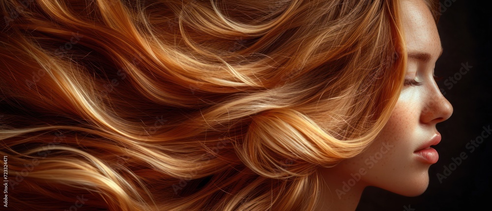  a close up of a woman's face with long, blonde hair blowing in the wind, on a black background, with a soft focus on her face. - obrazy, fototapety, plakaty 