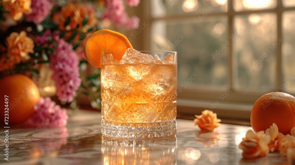  a close up of a glass of alcohol with an orange slice on a table next to a vase of flowers and an orange slice on the side of the glass.