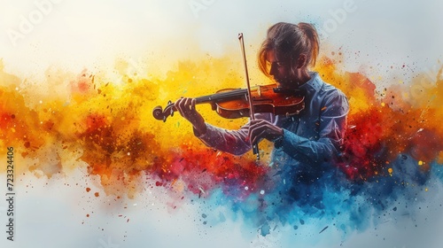  a painting of a man playing a violin in front of a multicolored background of orange, yellow, blue, and red smoke and watercolored smoke. photo