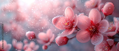  a close up of pink flowers with drops of water on them and a blurry background of pink flowers with drops of water on the petals and drops of water on the petals.