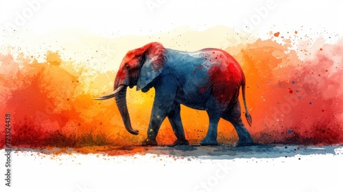  a watercolor painting of an elephant walking in front of a red and yellow background with a splash of paint on the elephant's back of it's trunk.
