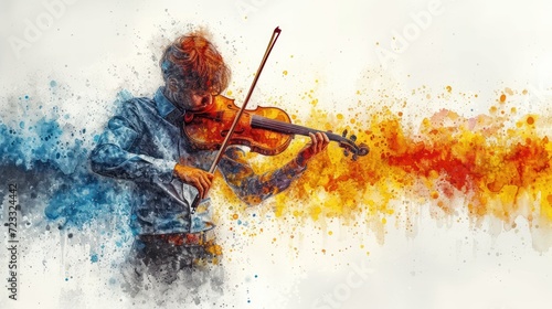  a painting of a man playing a violin in front of an orange and blue background with a splash of paint on the side of his face and the violin in the foreground. photo