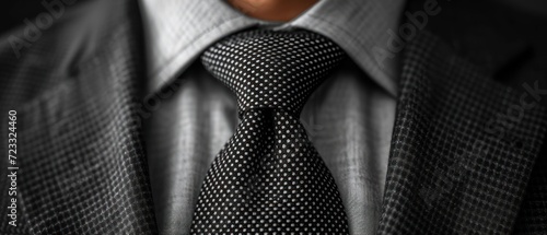  a close up of a person wearing a suit and a tie with a gray shirt and black and white checkerboard pattern on the shirt and a dark background.