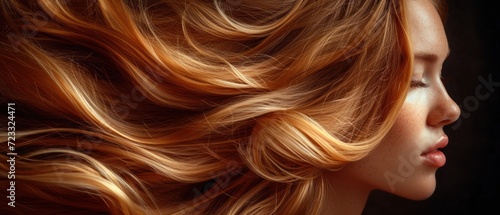  a close up of a woman's face with long, blonde hair blowing in the wind, on a black background, with a soft focus on her face. photo