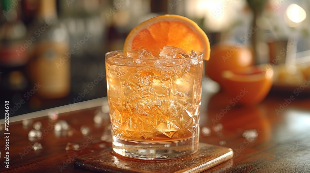a close up of a glass on a table with a slice of an orange on the side of the glass and a bottle of alcohol in the back ground behind it. a close up of a glass on a table with a slice of an orange on the side of the glass and a bottle of alcohol in the back ground behind it.
