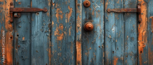  a close up of a blue wooden door with rusted metal knobs and a rusted metal handle on the outside of the door and a rusted metal handle on the inside of the outside of the door.
