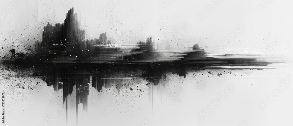 a black and white photo of a cityscape with a lot of black and white splats on the side of the picture and a black and white background.